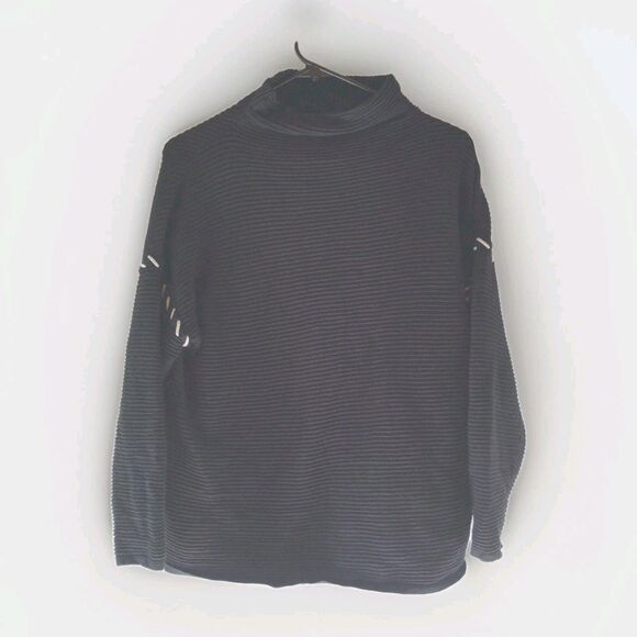 T Tahari Funnel Neck Sweater Stitch Shoulder Black Cozy Fall Comfort Medium - Picture 2 of 9